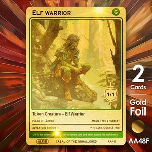 Puede incluir: Carta de Guerrero Elfo con lámina dorada de la edición Adventure II. Presenta una ilustración de un elfo en un entorno forestal. También incluye el texto "Token Creature - Elf Warrior".