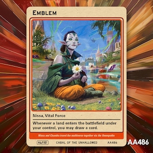 May include: A trading card featuring an illustration of a woman with pointed ears, holding a white flower. The card is labeled "EMBLEM" at the top and includes text at the bottom. The background has a colorful, abstract design.