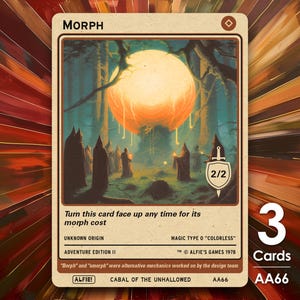 Op de afbeelding: Een ruilkaart met de titel "MORPH" toont een fantasielandschap met een grote, gloeiende bol. De kaart bevat tekst over morph-kosten, herkomst en magietype. Het is onderdeel van de Adventure Edition II-set, met een beoordeling van 2/2. Ook "3 kaarten" en code "AA66".