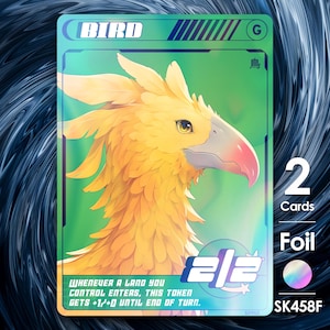 May include: A trading card depicting a yellow bird with a pink beak against a green backdrop. The card is labelled "BIRD" and includes the text "2 Cards" and "Foil". The card also has the text "WHENEVER A LAND YOU CONTROL ENTERS, THIS TOKEN GETS +1/+0 UNTIL END OF TURN."