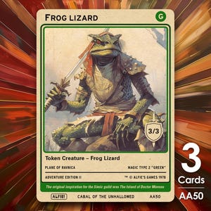 Könnte beinhalten: Eine Fantasy-Karte mit einem grünen Frosch-Echsen-Krieger, der ein Schwert hält. Die Karte hat einen grünen Rand und Text, darunter "FROG LIZARD", "Token Creature" und "3/3". Teil der Adventure Edition II, mit dem Text "ALFIE'S GAMES 1978".