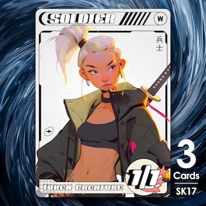 May include: A trading card featuring a digital illustration of a woman with blonde hair, wearing a black top and a green jacket, holding a katana sword. The card is titled "Soldier" and has a power rating of "1/1". The card is part of a set of 3 cards and has the code "SK17".