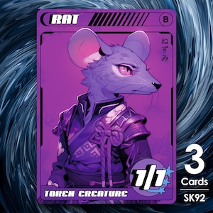 May include: A purple and blue fantasy-style trading card with a rat character wearing a purple and black outfit. The card has the text "RAT" and "TOKEN CREATURE" on it. The card has a power and toughness of 1/1 and a number 3 in the bottom right corner with the text "Cards".