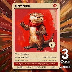 May include: A trading card with an illustration of an otter in a red scarf, titled "OFFSPRING." The card has a red background and text including "Token Creature," "Adventure Edition II," and "MAGIC TYPE 2 'GREEN'." The card is marked 1/1 and includes the text "3 Cards."