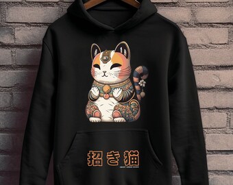 Maneki Neko Hoodie, streetwear japan hoodie, aesthetic cat hoodie, lucky cat hoodie, Japanese oversized hoodie, streetwear cat hoodie