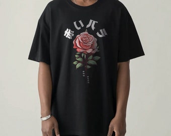 Oversized flower tshirt, Japanese tshirt, Harajuku shirt, graphic tshirt, japan style t-shirt, red rose tee