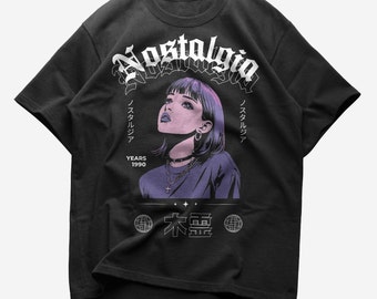 May include: A black short-sleeve t-shirt featuring a graphic print of a person with purple-tinted hair looking upward. The design includes the text Nostalgia, Years 1990, Japanese characters, and two globe icons, all rendered in white and purple tones.