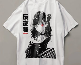 Anime Girl Oversized Tshirt, Harajuku Streetwear Goth Shirt, Japanese Shirt, Oversize Manga Tee, Trendy Dark Y2K Top
