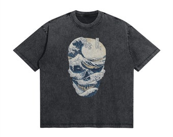 Oversized Skull Kanagawa T-shirt, japanese streetwear shirt, Harajuku graphic tee, Vintage washed tshirt