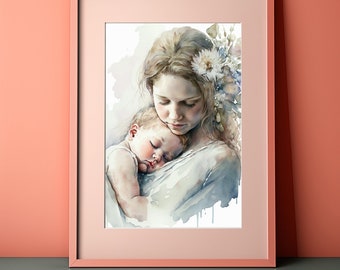 Beautiful Mother and Child Watercolor Digital Art, Digital Download Print, Printable Art Poster, Downloadable Print