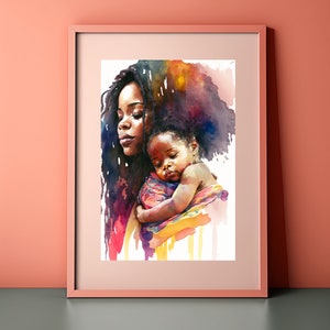 Beautiful Black Mother and Child Watercolor Digital Art, Digital Download Print, Printable Art Poster, Downloadable Print