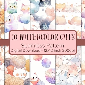 Watercolor Cats Digital Paper, Cute Seamless Pattern, Watercolor Cats Digital Paper, Scrapbook or Fabric, Commercial Use
