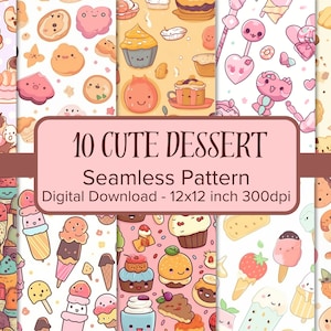 May include: A set of 10 digital seamless patterns featuring cute cartoon desserts. The patterns include ice cream, cupcakes, cookies, cake, and other sweet treats. Each pattern is 12x12 inches and 300dpi.