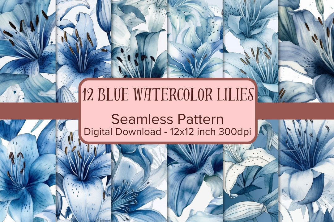 Blue Watercolor Lilies Digital Paper, Beautiful Seamless Pattern ...