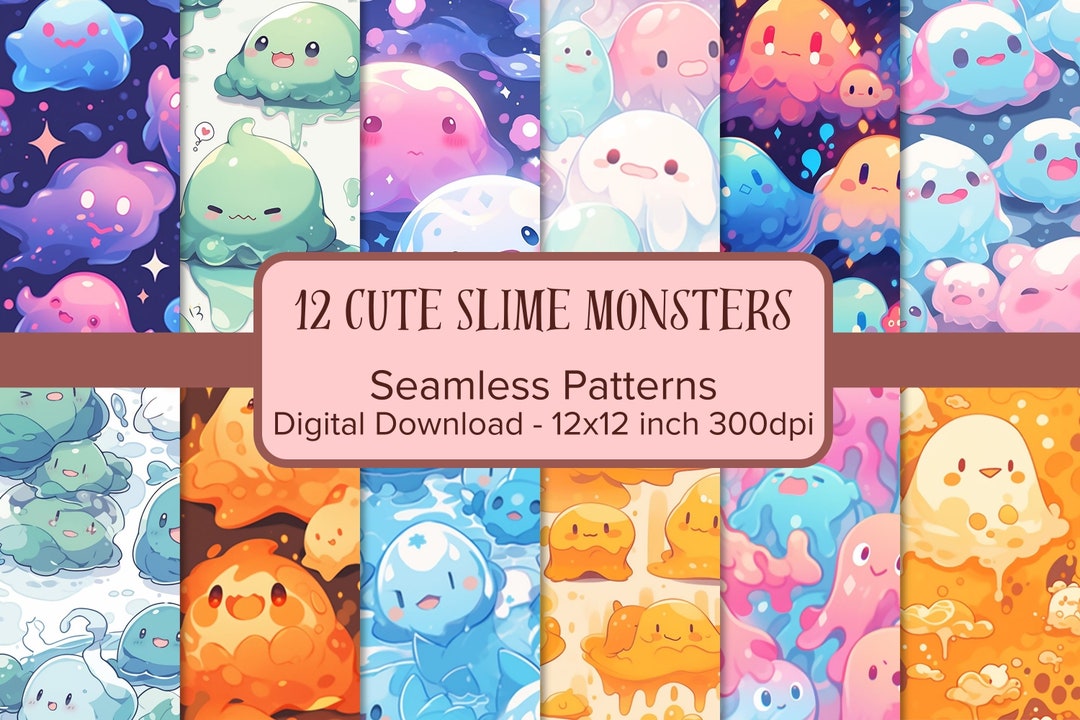 Cute Slime Monsters Digital Paper, Kawaii Seamless Pattern, Digital