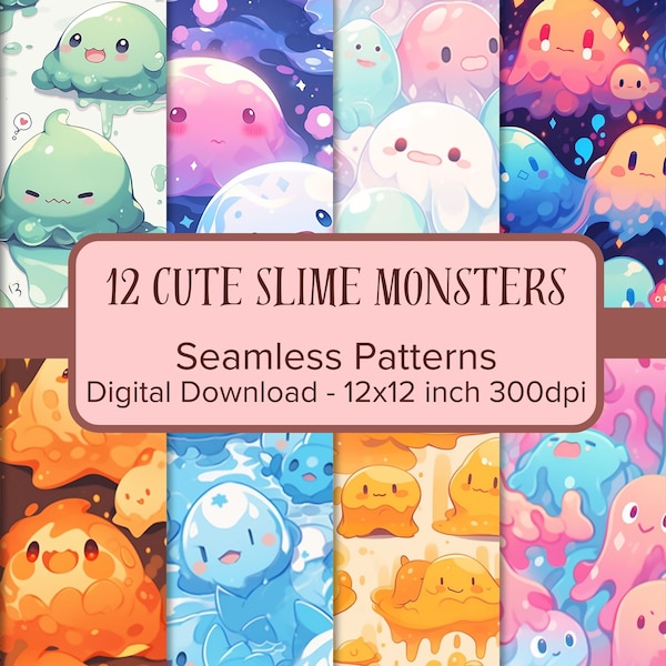 Cute Slime Monsters Digital Paper, Kawaii Seamless Pattern, Digital Pattern of Kawaii Slime Monsters, Scrapbook or Fabric, Commercial Use