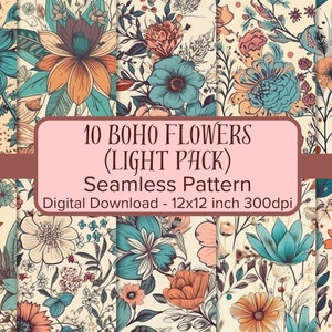 Boho Flowers Digital Paper, Light Bohemian Seamless Pattern, Digital Pattern of Boho Flowers, Scrapbook or Fabric, Commercial Use