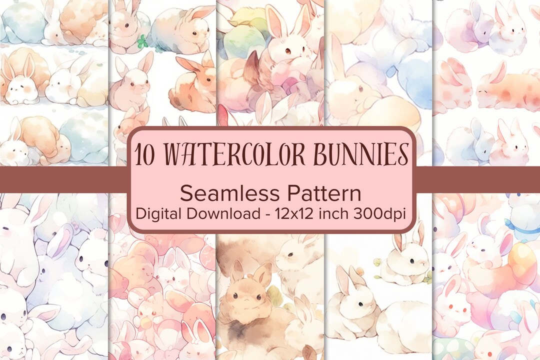 Watercolor Bunnies Digital Paper, Cute Seamless Pattern, Watercolor ...