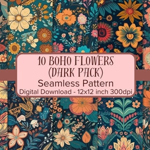 Boho Flowers Digital Paper, Dark Boho Seamless Pattern, Digital Pattern of Boho Flowers, Scrapbook ou Fabric, Commercial Use
