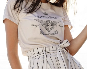 Angel Baby Y2K-stil damtröja med mellanvikt i bomull, vintage, Angelcore, estetisk t-shirt med Cottagecore-motiv