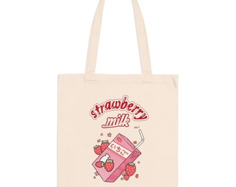 Strawberry Milk Cotton Tote Bag , Japanese , Retro , Pink