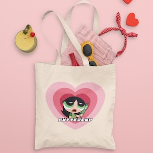 Y2K Style Ästhetische Powerpuff Mädchen Buttercup Baumwolle Canvas Einkaufstasche , Herz Einkaufstasche , Bubbles , Blüte