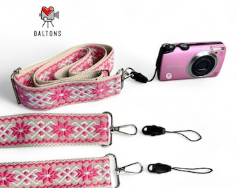 Correa para cámara con estampado floral rosa, correa bordada para cámara réflex digital, correa ajustable para el cuello, regalo de estilo vintage para fotógrafos.