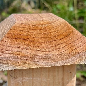 May include: A close-up of a wooden fence post topper. The topper is a pyramid shape with a natural wood finish. The grain of the wood is visible.