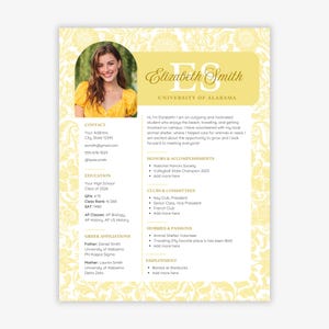 May include: A resume template with a photo of a woman in a yellow top. The resume has a yellow floral design and includes sections for contact information, education, honors, clubs, hobbies, and employment. The text includes the name "Elizabeth Smith" and "University of Alabama."