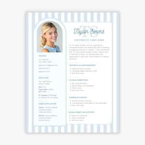 May include: A resume template featuring a light blue and white vertical striped background. It includes a circular photo frame with a portrait of a person, the name Taylor Simms, and sections for contact, education, honors, and extracurricular activities.