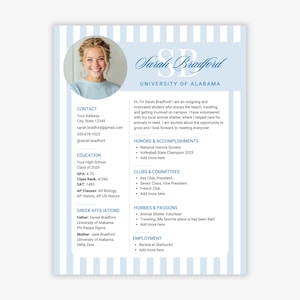 Blue Sorority Resume Template and Cover Letter, Editable Canva Template with Photo, Rush Packet