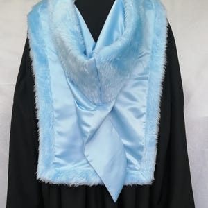 May include: A light blue graduation hood with a faux fur trim. The hood is lined with satin and has a long, flowing tail.