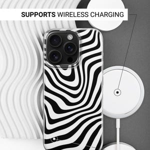 May include: A clear phone case with a black and white wavy pattern. The case is next to a white wireless charger. Text on the image reads: "SUPPORTS WIRELESS CHARGING" and "SIDES ARE NOT PRINTED".