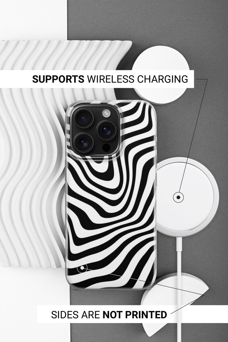 May include: A clear phone case with a black and white wavy pattern. The case is next to a white wireless charger. Text on the image reads: "SUPPORTS WIRELESS CHARGING" and "SIDES ARE NOT PRINTED".
