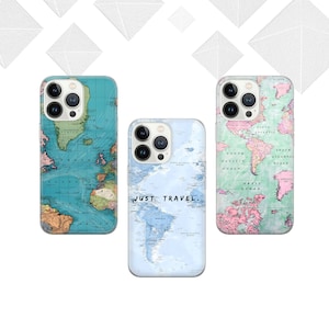Wereldkaart telefoonhoesje reisafdruk hoes geschikt voor iPhone 16 Pro Max, 15 Plus, 14, 13, 12, 11, XS en Samsung S24, S23, A55, A54, Pixel 9 Pro, 8