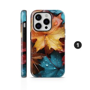 May include: A phone case featuring a vibrant autumn leaf design. The case showcases a mix of yellow, orange, and teal leaves with water droplets, creating a seasonal aesthetic. The case is shown from multiple angles.