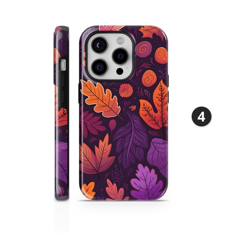 May include: A phone case featuring a vibrant autumn leaf design. The case showcases a dark purple background with orange, red, and purple leaves. The side of the case is solid purple, and the number "4" is in a white circle.