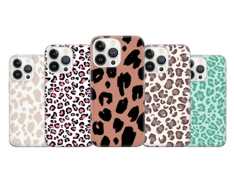 May include: Five different iPhone cases with a leopard print design. The cases are in various colors, including pink, brown, gray, and teal.