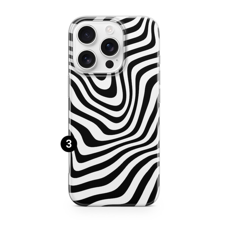 May include: A clear phone case with a black and white wavy pattern. The case has a glossy finish and a black number 3 in the lower left corner. The phone case is designed to fit a smartphone.