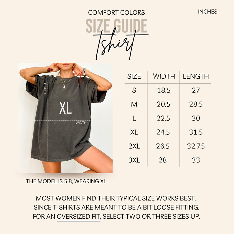 May include: Size chart for a t-shirt with measurements in inches. The chart shows the width and length of the shirt in sizes S, M, L, XL, 2XL, and 3XL. The model is wearing a size XL.