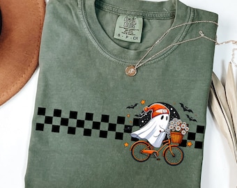 Comfort Colors® Cute Ghost Riding Bike Shirt Retro Ghost Tee Checkered Halloween Shirt Bike Lovers Gift Spooky Season Boo Ghost Bicycle Tee
