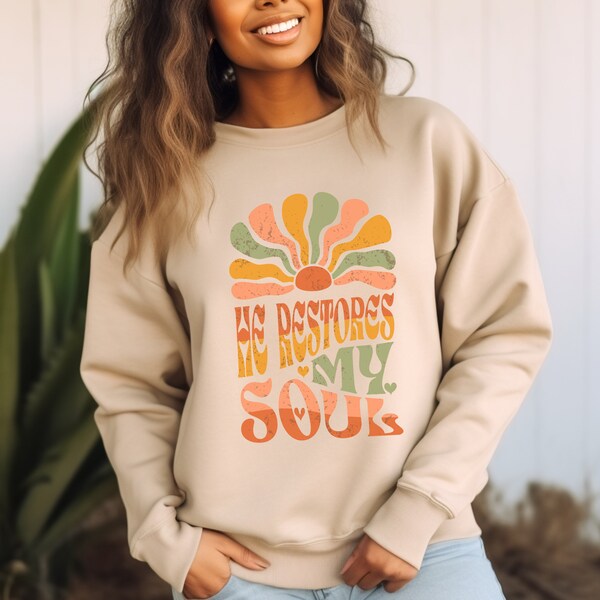 He Restores My Soul Jesus Sweatshirte Womens Christian Sweater Y2K Christian Clothing Faithful Mom Sweatshirt Uplifting Gift Inspirational