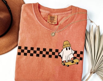 Comfort Colors® Halloween Ghost Shirt Retro Checkered Ghost Shirt Cute Ghost Tee Vintage Skateboarder Tee Ghost Skateboard Shirt Checkered