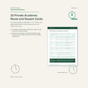 May include: A set of 30 Private Academic Reset and Restart Cards from Artistrya Studio. The document features a green and white color scheme with text detailing academic restart procedures for grades 5-8, including a readable finished proof table.