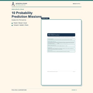 Può includere: Una scheda didattica bianca intitolata 10 Probability Prediction Missions per le classi 5-8. La pagina presenta una sezione per studenti intitolata PR01 Which Prize Box? con istruzioni testuali per una sfida di probabilità sui premi.