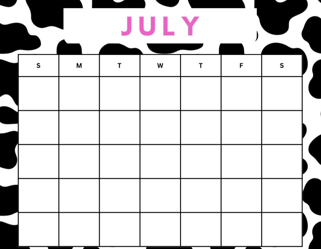 Blank Monthly Calendar, Printable Calendar, Cow Print Calendar, Sunday