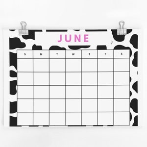 Blank Monthly Calendar, Printable Calendar, Cow Print Calendar, Sunday Start, Undated Calendar, Simple Calendar, PDF Printable