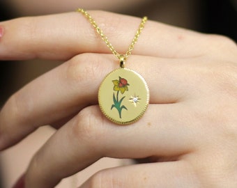 Collier de fleurs pour le mois de naissance de mars, jonquilles personnalisées peintes à la main, cadeau d'anniversaire