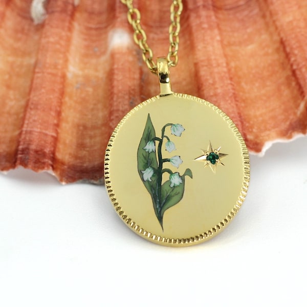 Collier élégant fleur de naissance de mai, collier de muguet fait main, bijoux en argent peints à la main