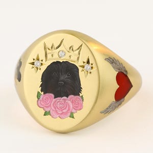 Custom Dog Portrait Ring, Enamel Signet Ring Gold, Personalized Pet Memorial Jewelry, Hand Painted Pet Ring, Pet Tribute